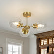 Load image into Gallery viewer, Farmhouze Light - Mid Century 3 - Light Clear Glass Globe Semi Flush Mount - Ceiling Light - Brass - 
