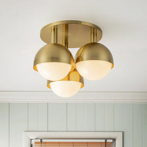 Farmhouze Light - Mid - Century 3 - Light Milky Glass Globe Ceiling Light - Ceiling Light - Brass - 