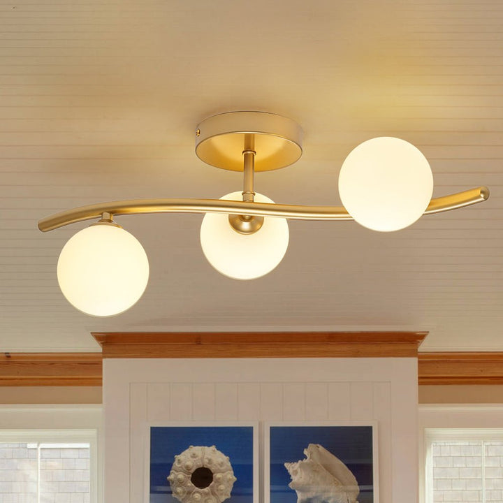 Farmhouze Light - Mid - Century 3 - Light Opal Glass Globe Ceiling Wall Sconce - Chandelier - Brass - 