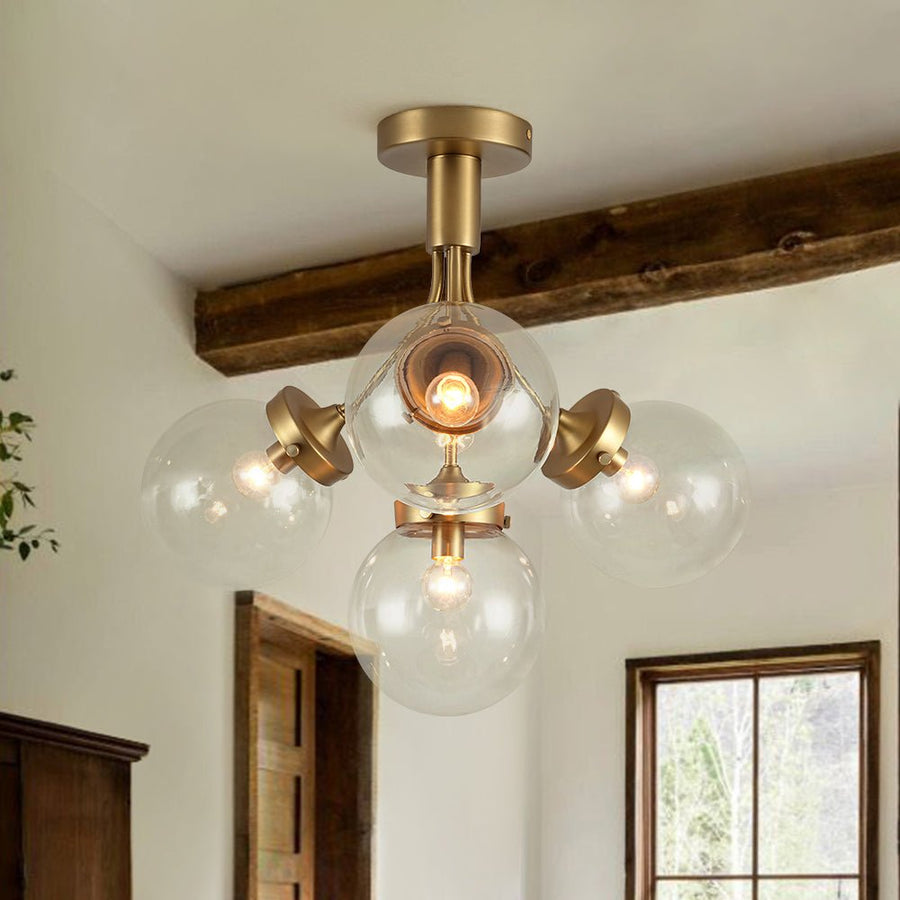 Farmhouze Light - Mid - Century 4 - Light Clear Glass Globe Bubble Ceiling Light - Ceiling Light - Brass - 