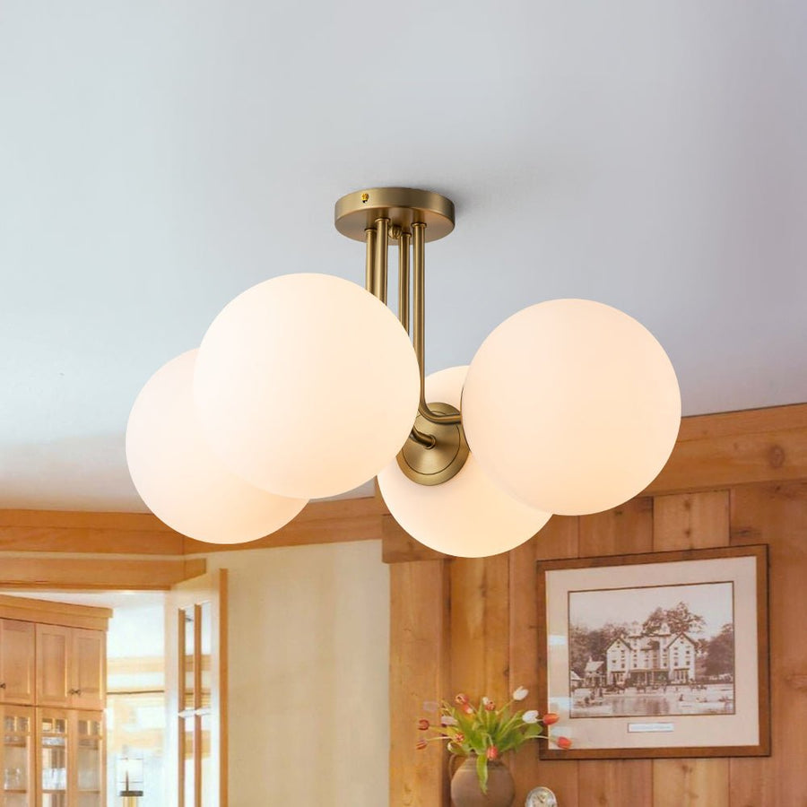 Farmhouze Light - Mid Century 4 - Light Frosted Glass Globe Semi Flush Mount - Ceiling Light - 4 Bulbs - 