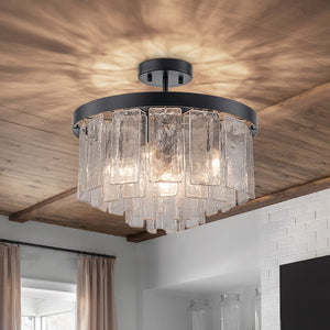 Farmhouze Light - Mid - Century Layered Textured Glass Round Ceiling Light - Chandelier - Black - 