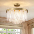 Load image into Gallery viewer, Farmhouze Light - Mid - Century Layered Textured Glass Round Ceiling Light - Chandelier - Brass/Milky Misty Glass - 
