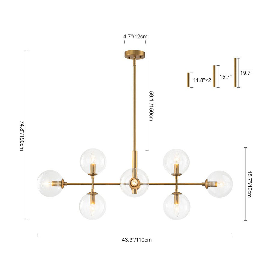 Farmhouze Light - Mid - Century Sputnik Clear Glass Globe Linear Island Chandelier - Chandelier - Brass - 