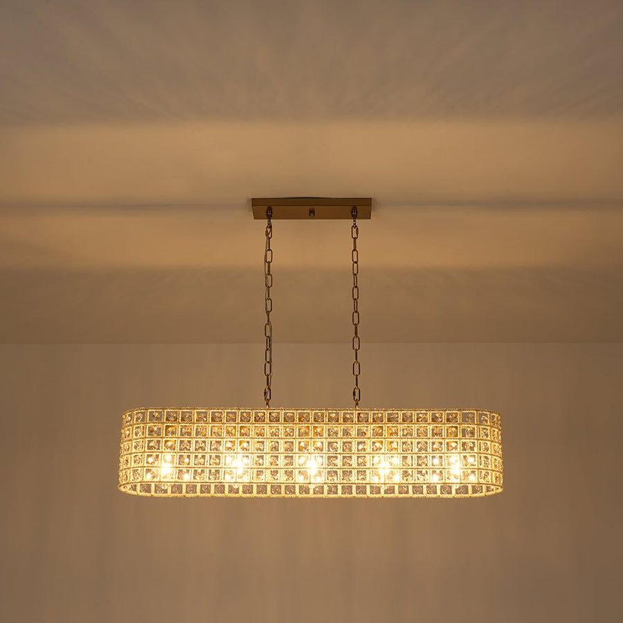Farmhouze Light - Modern 5 - Light Crystal Accented Oblong Cage Kitchen Island Pendant - Chandelier - Brass - 