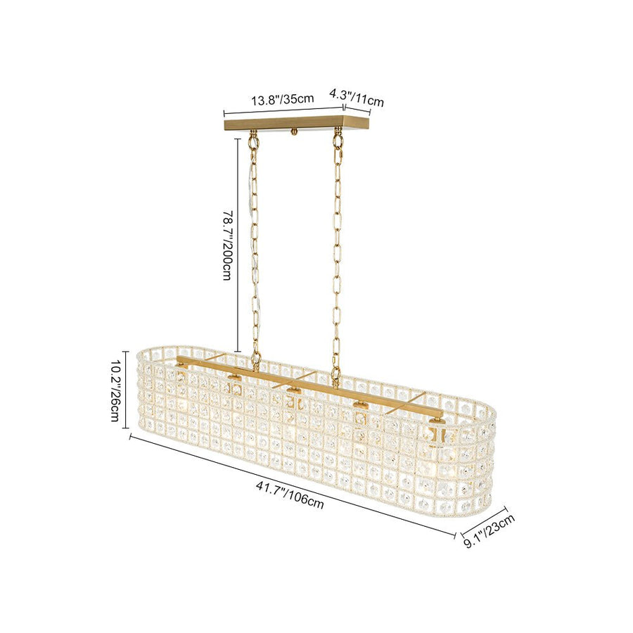 Farmhouze Light - Modern 5 - Light Crystal Accented Oblong Cage Kitchen Island Pendant - Chandelier - Brass - 