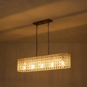 Farmhouze Light - Modern 5 - Light Crystal Accented Oblong Cage Kitchen Island Pendant - Chandelier - Brass - 