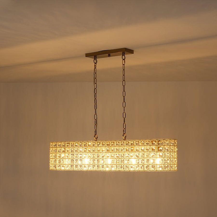 Farmhouze Light - Modern 5 - Light Crystal Accented Oblong Cage Kitchen Island Pendant - Chandelier - Brass - 
