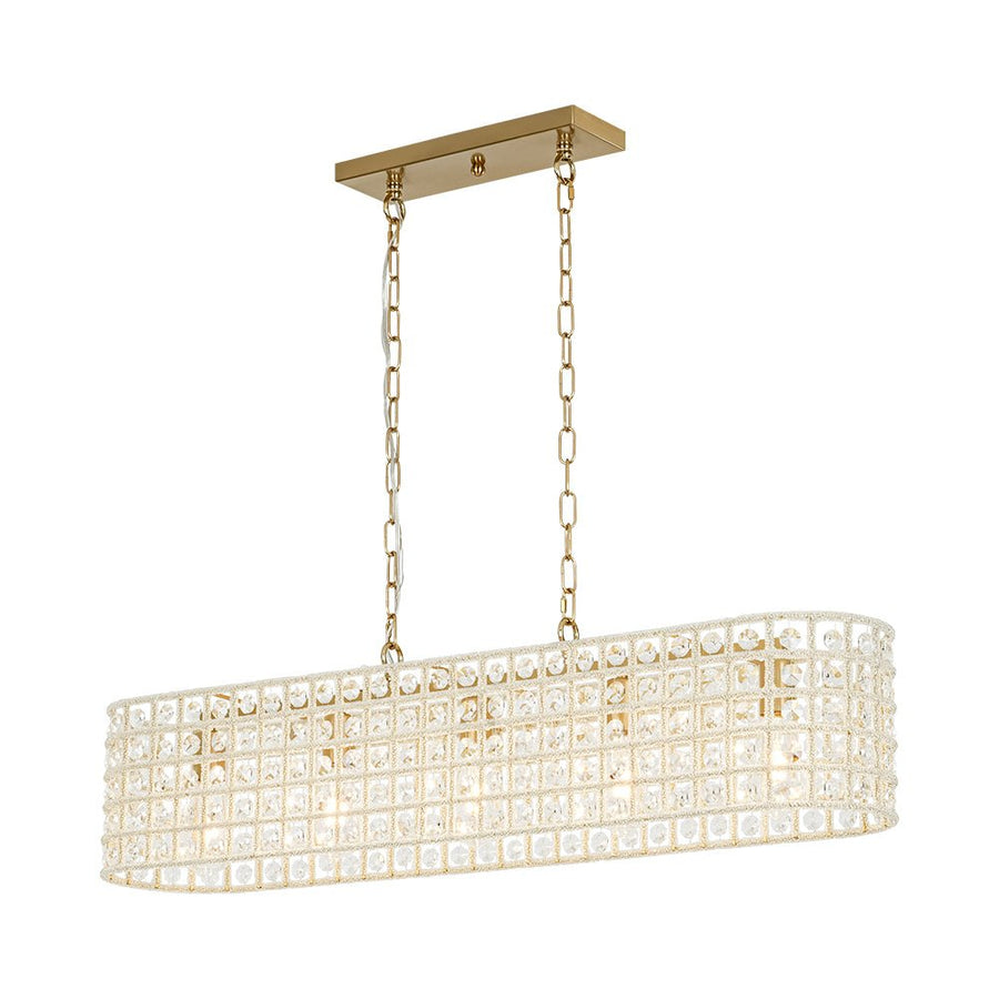 Farmhouze Light - Modern 5 - Light Crystal Accented Oblong Cage Kitchen Island Pendant - Chandelier - Brass - 