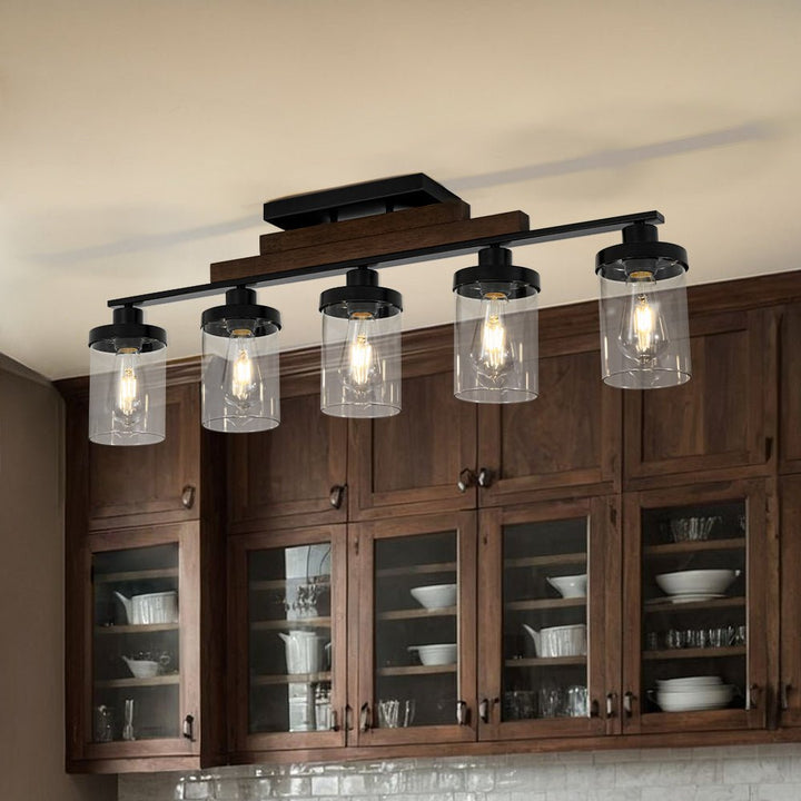 Farmhouze Light - Modern 5 - Light Glass Shade Linear Island Pendant / Semi Flush - Chandelier - Black - 