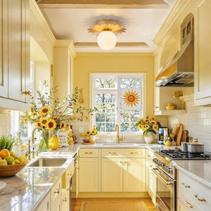 Farmhouze Light - Modern Brass Single White Glass Globe Semi Flush Mount - Ceiling Light - Brass - 