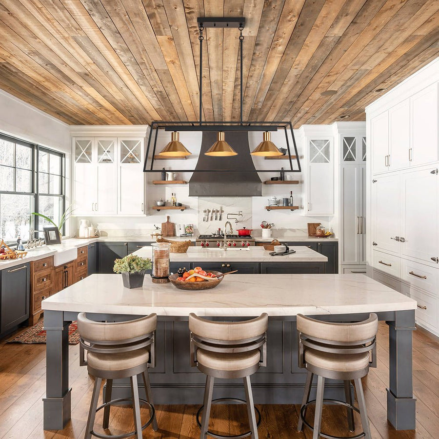 Farmhouze Light - Modern Farmhouse 3 - Light Rectangle Linear Island Chandelier - Chandelier - Black + Brass - 