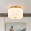 Load image into Gallery viewer, Farmhouze Light-Modern Milky Glass Round Pleated Drum Semi Flush Mount-Ceiling Light-Brass-
