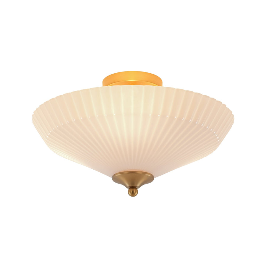 Farmhouze Light - Modern Round Ribbed White Glass Conical Semi Flush Light - Ceiling Light - Brass - 