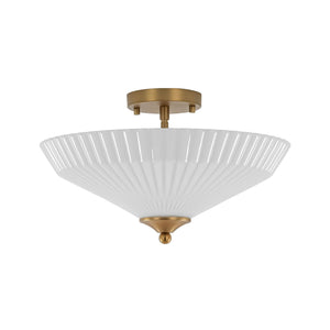Farmhouze Light - Modern Round Ribbed White Glass Conical Semi Flush Light - Ceiling Light - Brass - 