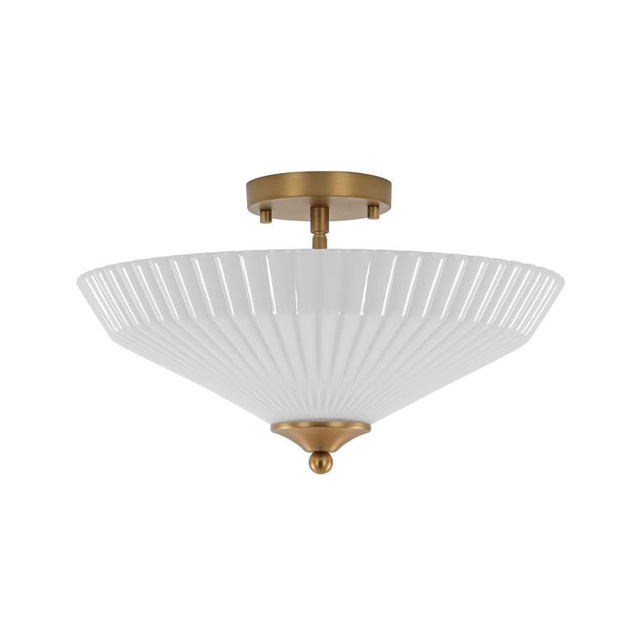 Farmhouze Light - Modern Round Ribbed White Glass Conical Semi Flush Light - Ceiling Light - Brass - 