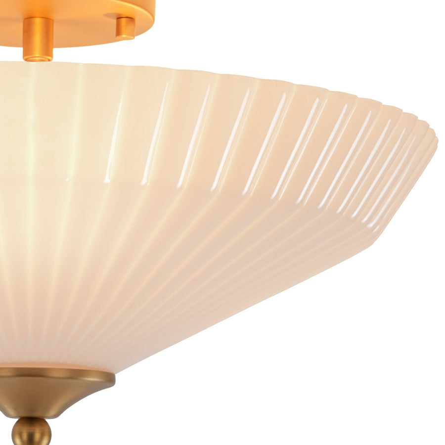 Farmhouze Light - Modern Round Ribbed White Glass Conical Semi Flush Light - Ceiling Light - Brass - 