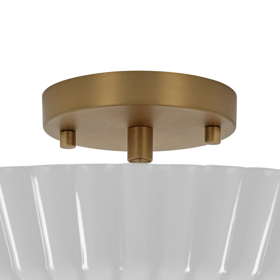 Farmhouze Light - Modern Round Ribbed White Glass Conical Semi Flush Light - Ceiling Light - Brass - 