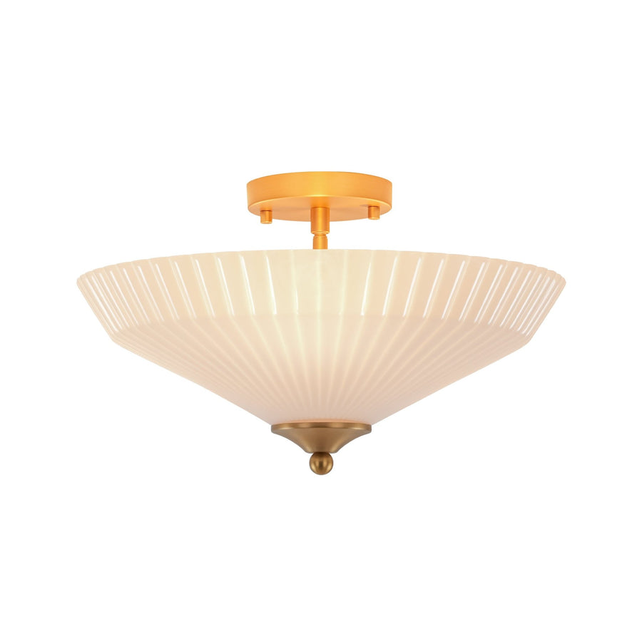 Farmhouze Light - Modern Round Ribbed White Glass Conical Semi Flush Light - Ceiling Light - Brass - 