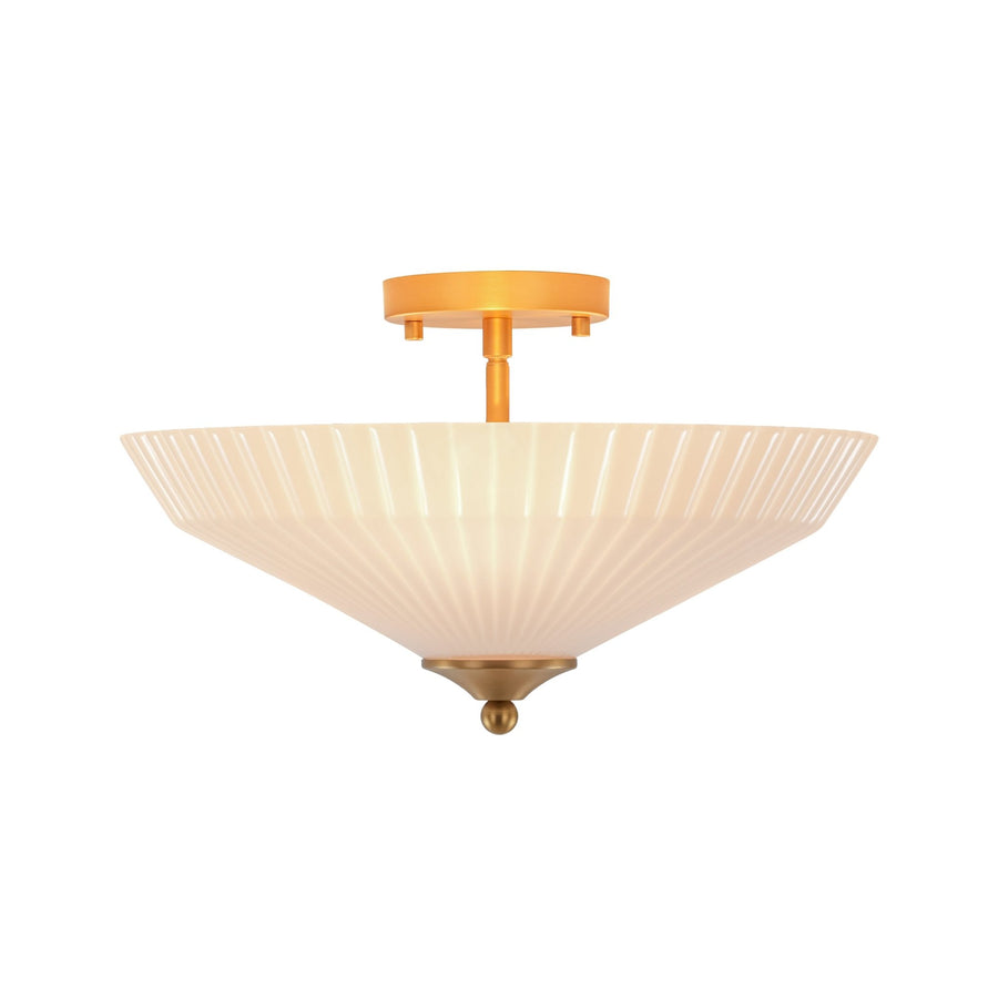 Farmhouze Light - Modern Round Ribbed White Glass Conical Semi Flush Light - Ceiling Light - Brass - 