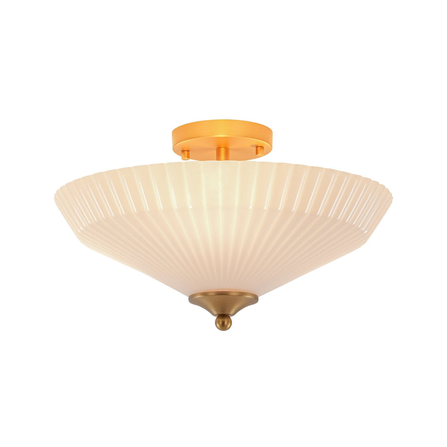 Farmhouze Light - Modern Round Ribbed White Glass Conical Semi Flush Light - Ceiling Light - Brass - 