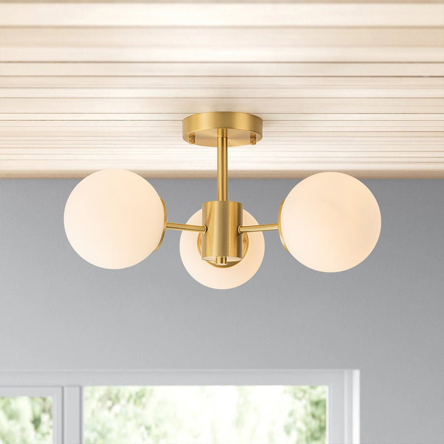 Farmhouze Light-OpenBox-Mid Century 3-Light Opal Glass Globe Ceiling Light--Brass-3-Light