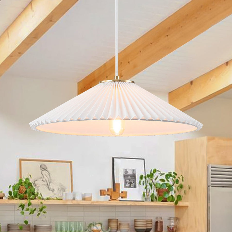 Farmhouze Light - Sculptural 1 - Light Pleated Cone White Linen Pendant Light - Chandelier - 18.1 in - 