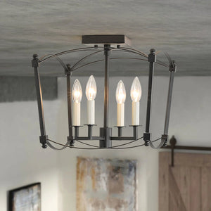 Farmhouze Light - Vintage Elegant 4 - Light Candle Style Square Cage Semi Flush - Ceiling Light - Black - 