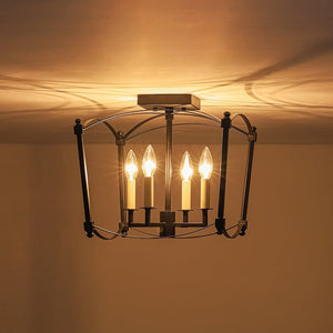 Farmhouze Light - Vintage Elegant 4 - Light Candle Style Square Cage Semi Flush - Ceiling Light - Black - 