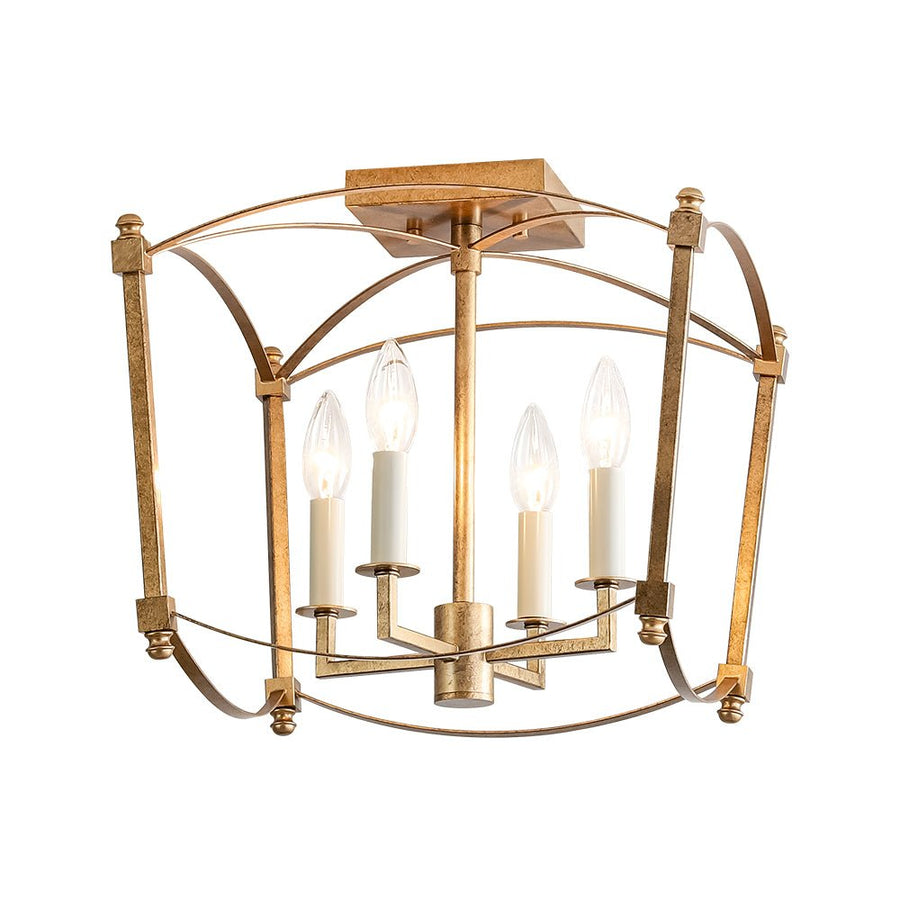 Farmhouze Light - Vintage Elegant 4 - Light Candle Style Square Cage Semi Flush - Ceiling Light - Brass - 