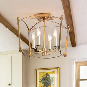 Farmhouze Light - Vintage Elegant 4 - Light Candle Style Square Cage Semi Flush - Ceiling Light - Brass - 