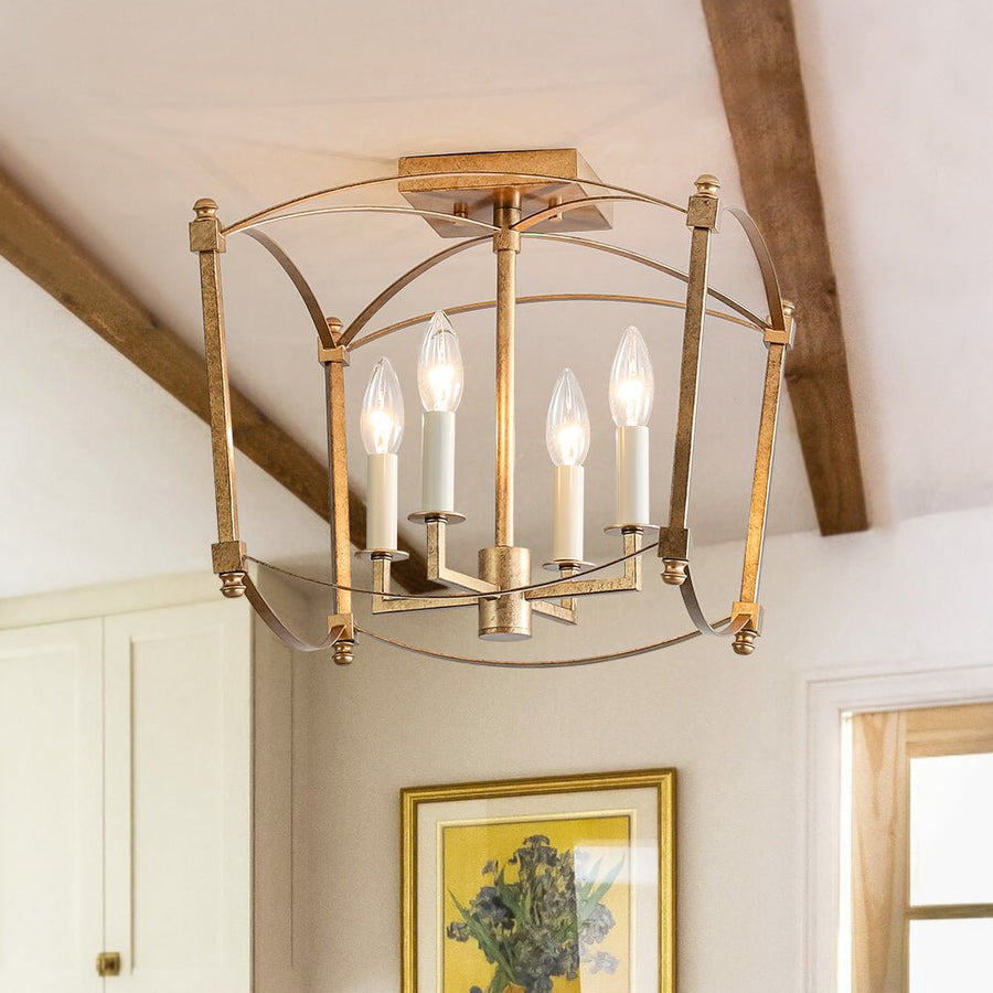 Farmhouze Light - Vintage Elegant 4 - Light Candle Style Square Cage Semi Flush - Ceiling Light - Brass - 