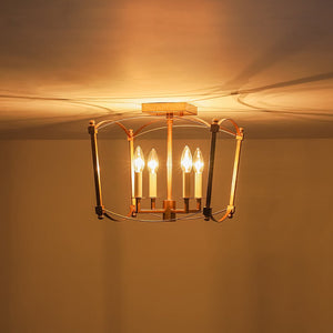 Farmhouze Light - Vintage Elegant 4 - Light Candle Style Square Cage Semi Flush - Ceiling Light - Brass - 