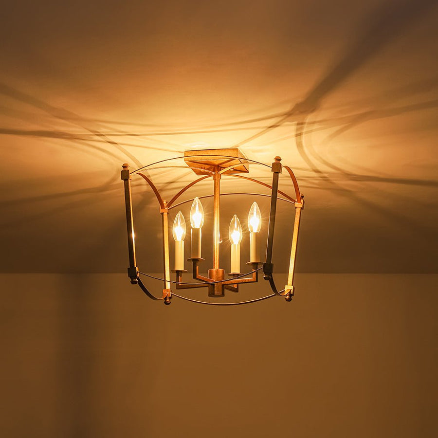 Farmhouze Light - Vintage Elegant 4 - Light Candle Style Square Cage Semi Flush - Ceiling Light - Brass - 