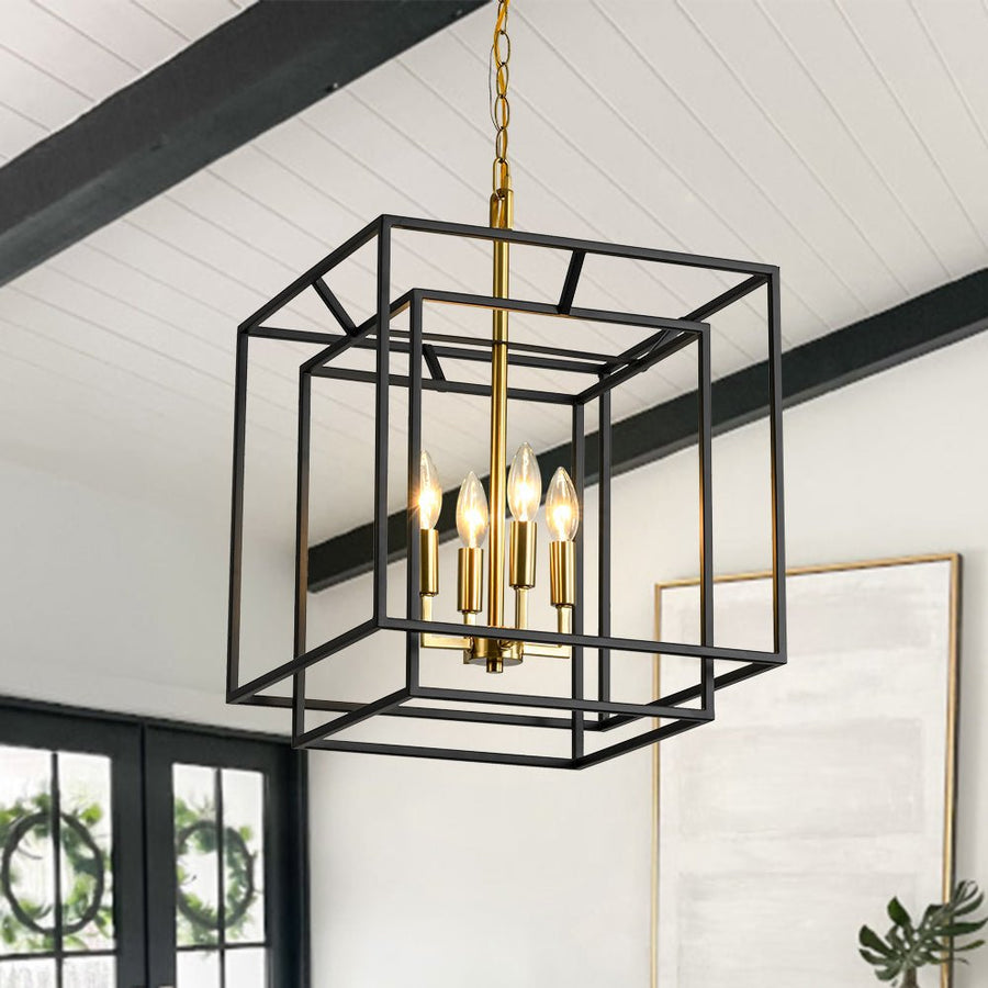 Farmhouze Light - Vintage Farmhouse 2 - Layer Metal Square Cage Chandelier - Chandelier - 4 Bulbs - 