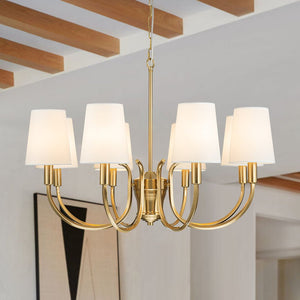 Farmhouze Light-White Fabric Shade Brass 8-Light Candle Style Chandelier-Chandelier-Brass-