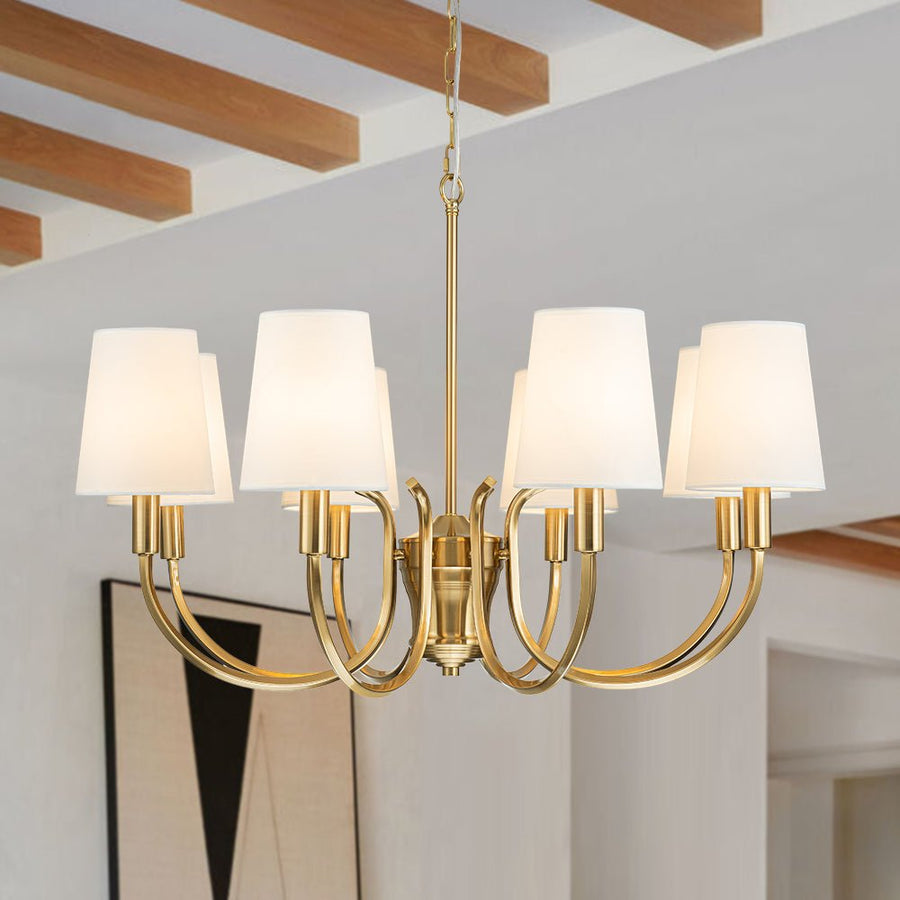 Farmhouze Light-White Fabric Shade Brass 8-Light Candle Style Chandelier-Chandelier-Brass-