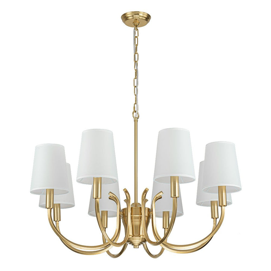 Farmhouze Light-White Fabric Shade Brass 8-Light Candle Style Chandelier-Chandelier-Brass-