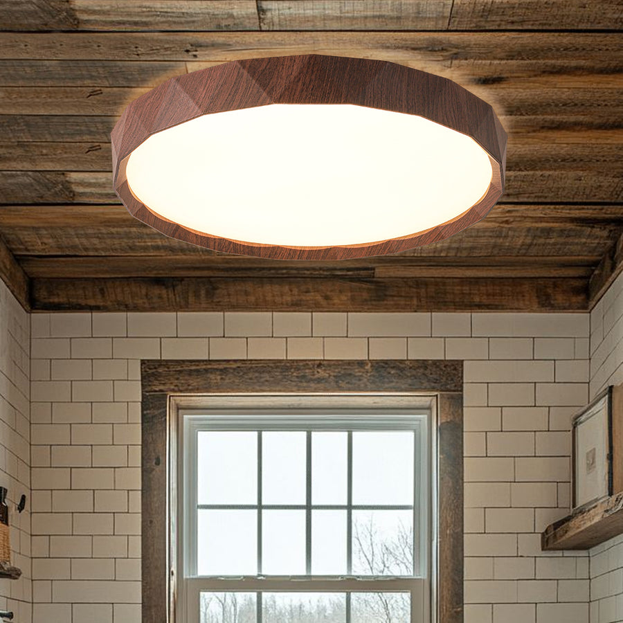 Farmhouse Dimmable LED Round Faux Wood Ceiling Light