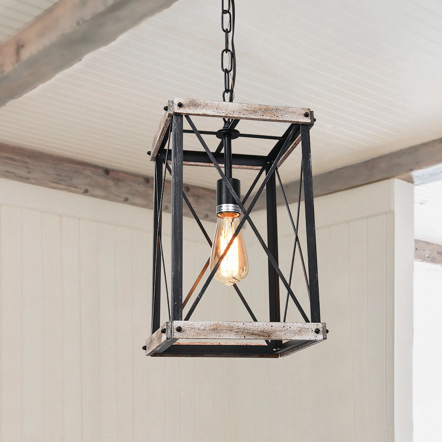 Farmhouse Rustic Square Wooden Pendant Light