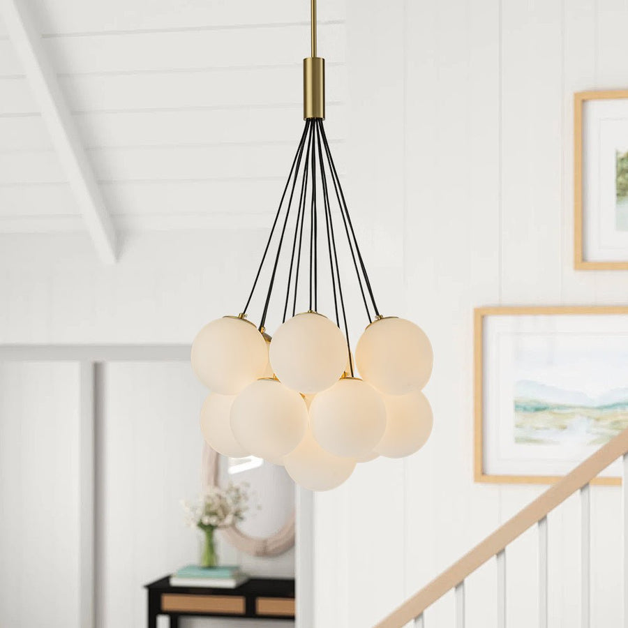 Farmhouze Light-13-Light Cluster Bubble Frosted Glass Globe Chandelier-Chandelier-Brass-