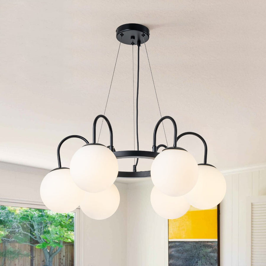 Farmhouze Light-23” Mid-Century Opal Glass Ball Wagon Wheel Chandelier-Chandelier-Black-