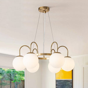 Farmhouze Light-23” Mid-Century Opal Glass Ball Wagon Wheel Chandelier-Chandelier-Brass-