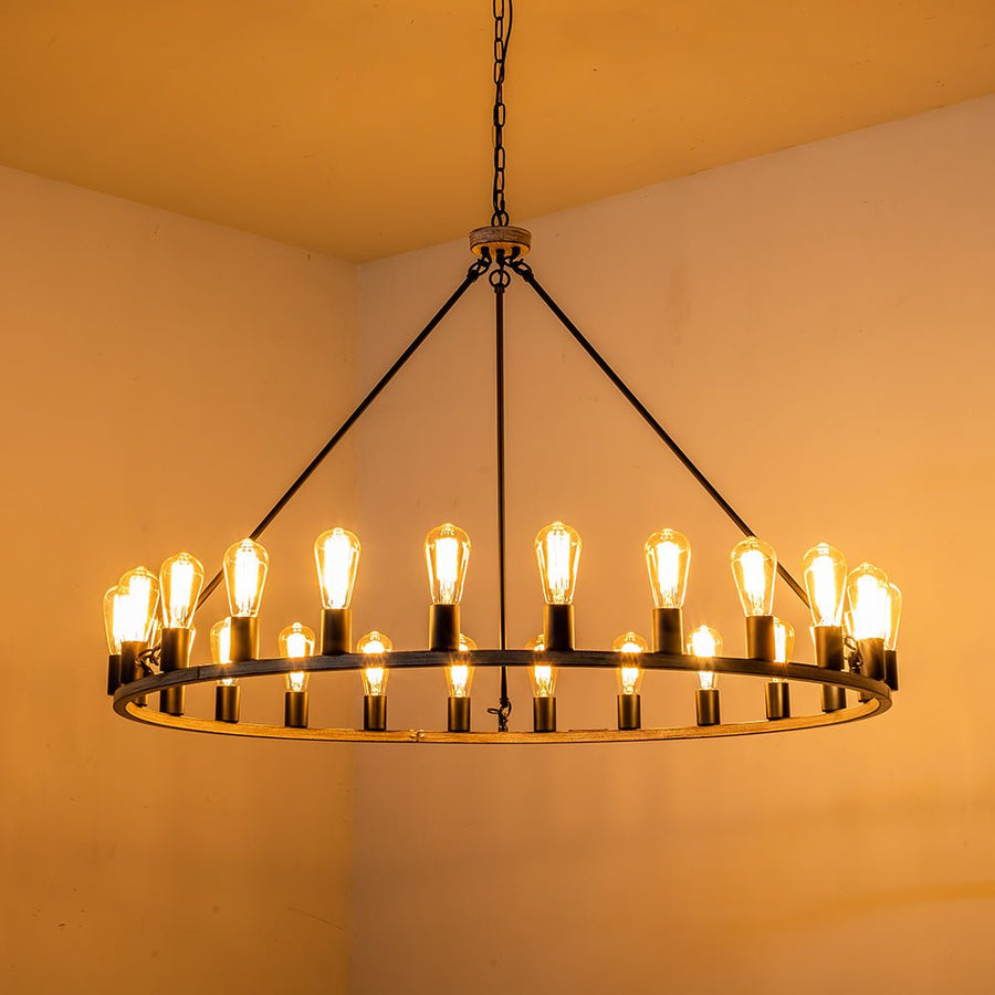 Farmhouze Light-24-Light Vintage Barn Metal Wagon Wheel Chandelier-Chandelier-Black + Wood Grain-