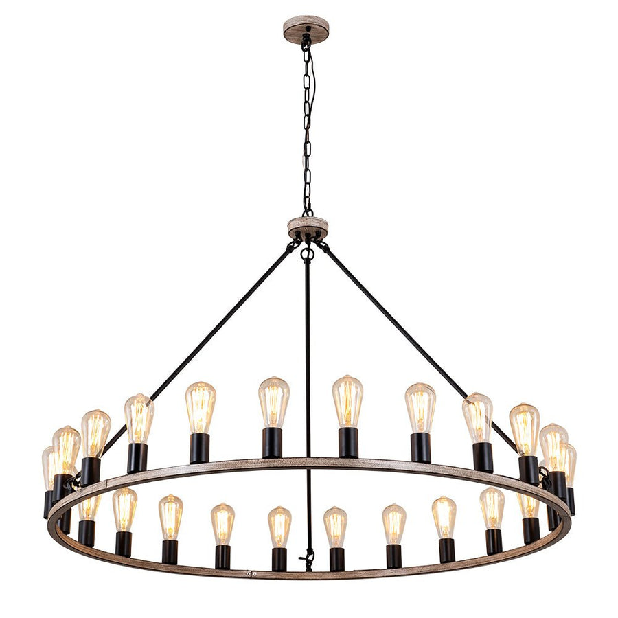 Farmhouze Light-24-Light Vintage Barn Metal Wagon Wheel Chandelier-Chandelier-Black + Wood Grain-
