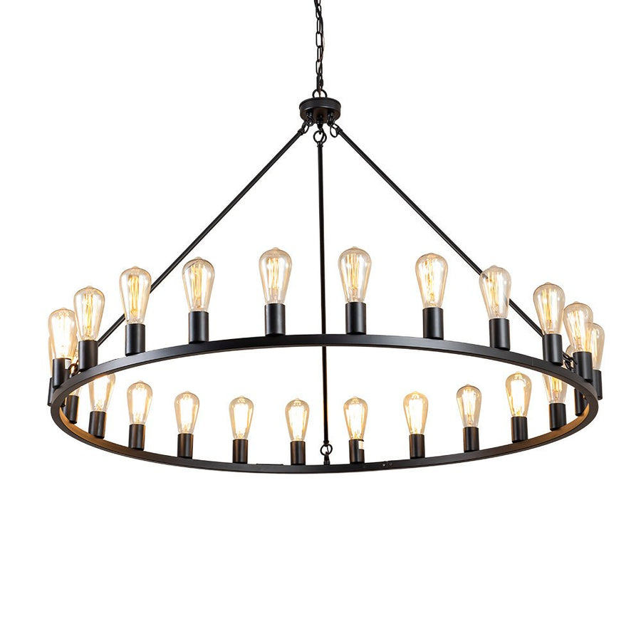 Farmhouze Light-24-Light Vintage Barn Metal Wagon Wheel Chandelier-Chandelier-Black + Wood Grain-