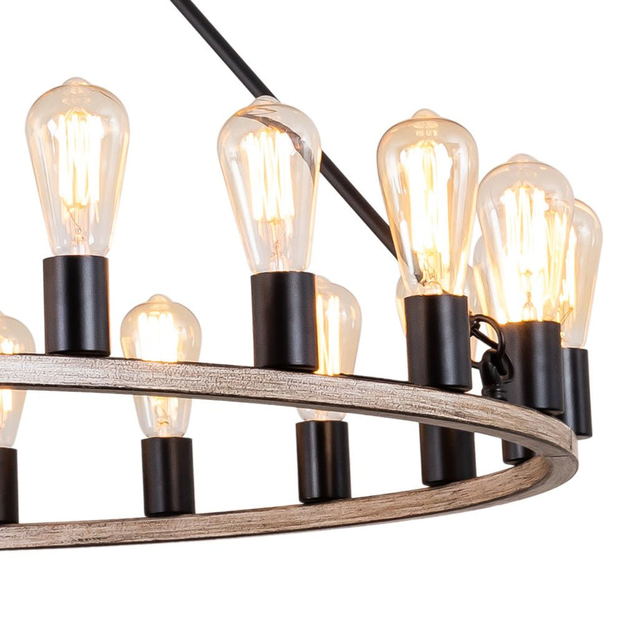 Farmhouze Light-24-Light Vintage Barn Metal Wagon Wheel Chandelier-Chandelier-Black + Wood Grain-