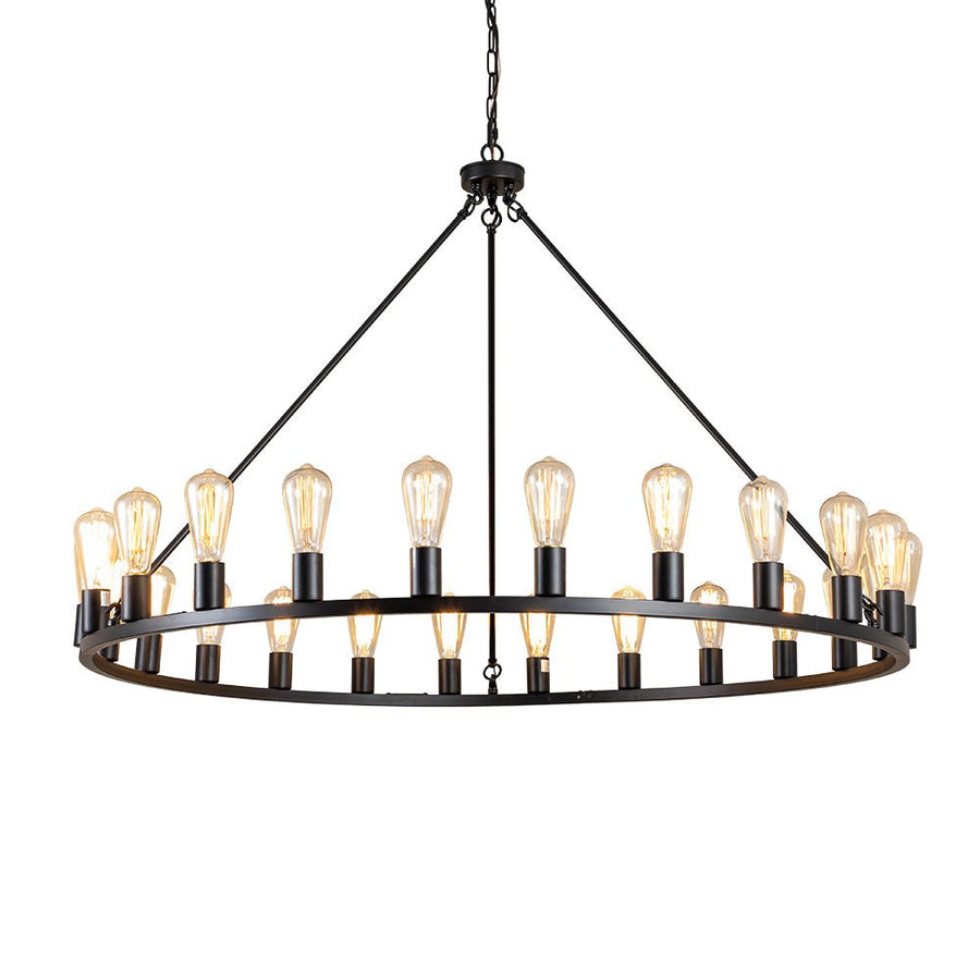 Farmhouze Light-24-Light Vintage Barn Metal Wagon Wheel Chandelier-Chandelier-Black + Wood Grain-