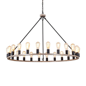 Farmhouze Light-24-Light Vintage Barn Metal Wagon Wheel Chandelier-Chandelier-Black + Wood Grain-