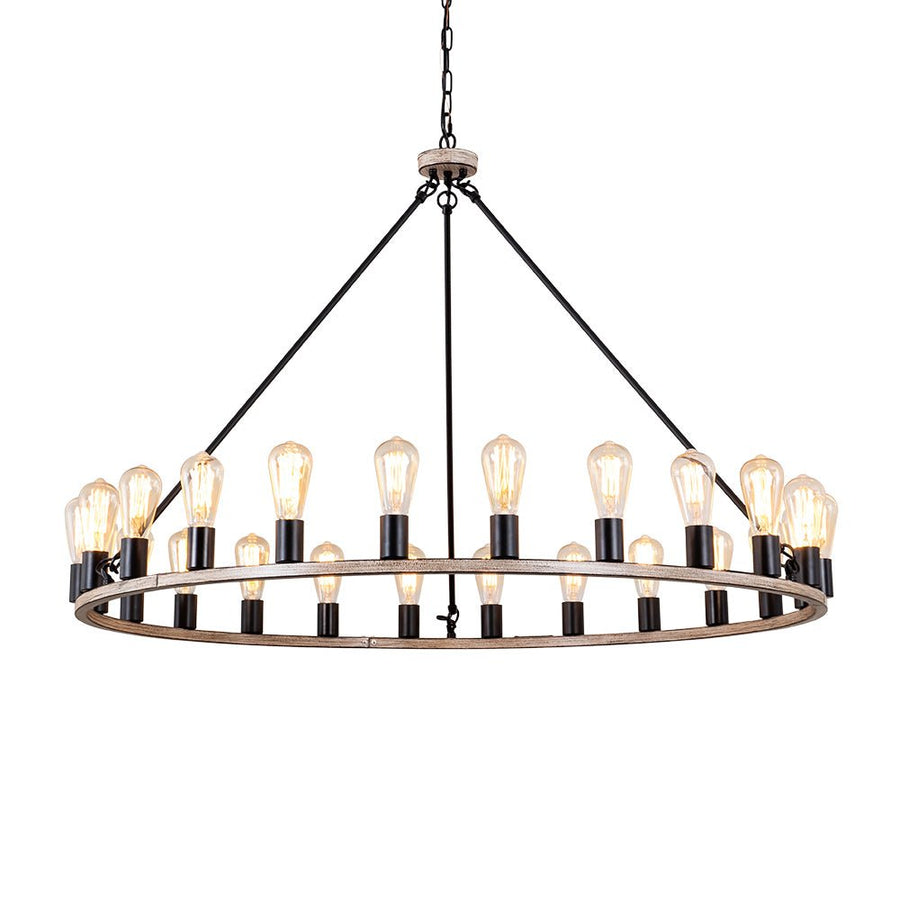 Farmhouze Light-24-Light Vintage Barn Metal Wagon Wheel Chandelier-Chandelier-Black + Wood Grain-